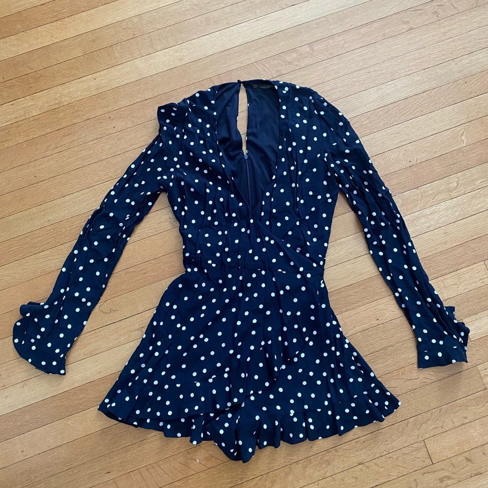 Zara navy polka dot wrap style skort/mini dress